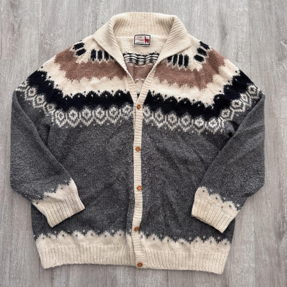 Trails Of The Andes Sweater Mens Large Gray Alpaca Shawl Cardigan Peru Fair Isle